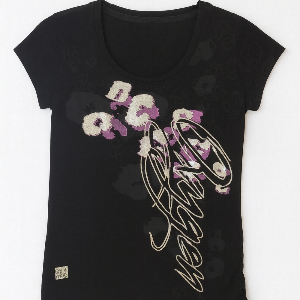 Black Graphic T-Shirt with Floral Design